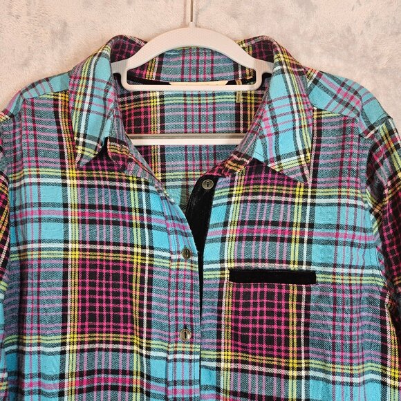Soft Surroundings Blouse Womens L Flannel Plaid Metal Button Shirt Velvet Design - Picture 11 of 13